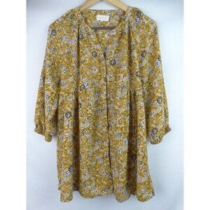 Melloday Tunic Top Size Medium Mustard Gold Floral 3/4 Sleeve Button Down Shirt